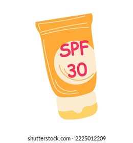 Orange tube of sunblock lotion with label vector illustration. Sun safety, lotion with SPF, sunscreen for skin care during summer isolated on white background. Cosmetics, summer, protection concept