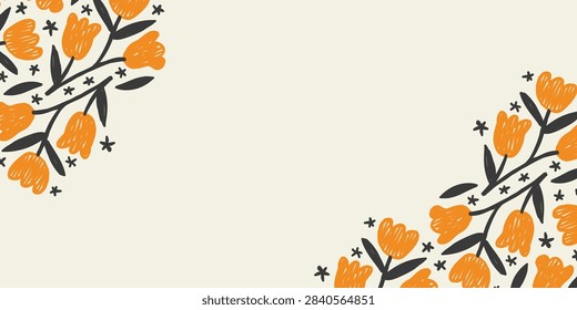 Orange Tulip Flowers Corner Border Template with Stars on Cream Background
