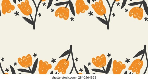 Orange Tulip Flowers Corner Border Template with Stars on Cream Background

