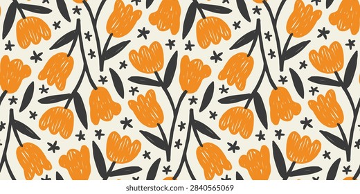 Orange Tulip Flowers Seamless Pattern Background with Stars on Cream Background
