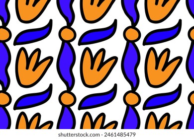 Orange tulips and blue leaves. Botanical, floral, seamless vector pattern for design and decoration.