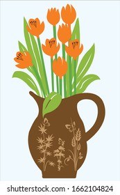 Orange Tulips Vector In a brown vase