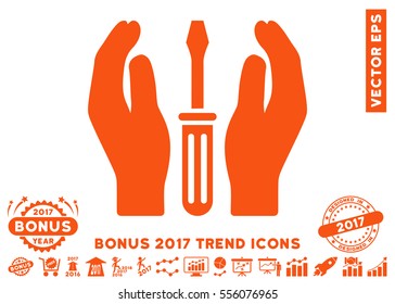Orange Tuning Screwdriver Care Hands icon with bonus 2017 trend elements. Vector illustration style is flat iconic symbols, white background.