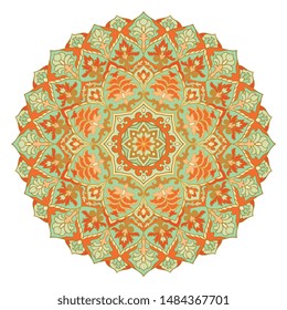 Orange and turquoise abstract mandala. Eastern gesign element. Oriental elegant ornament. Indian pattern. 