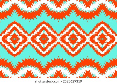 Orange and Turquoise Chevron Folk Ikat Pattern for Bohemian Decor, Cultural Fashion, and Artistic Craft Designs.