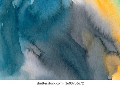 Orange, turquoise and gray watercolor vector background. Hand drawn colorful painted texture. Bright wallpaper, background, banner or poster. Modern expressionist painting. Blue acrylic smudges. 