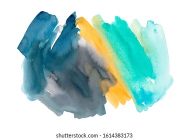 Orange, turquoise and gray watercolor vector background isolated on white. Hand drawn colorful painted texture. Bright wallpaper, background, banner or poster. Modern expressionist painting.