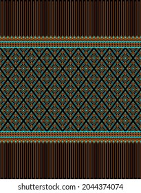 Orange Turquoise Native or Ethnic Seamless Pattern on Black Background in Symmetry Rhombus Geometric Bohemian Style for Clothing or Apparel,Embroidery,Fabric,Package Design