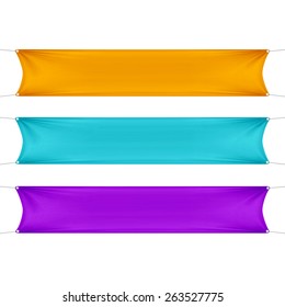 Orange, Turquoise and Purple Blank Empty Horizontal Rectangular Banners Set with Corners Ropes. Textile, Fabric or Nylon. Vector Illustration Isolated on Background. Ready Template for Your Design