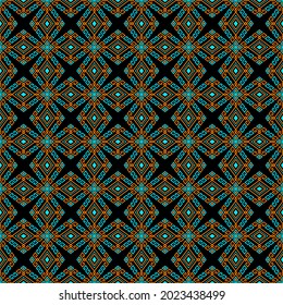 Patrón de color turquesa naranja tribal o nativo sin foco sobre fondo negro en simetría Rhombus estilo bohemio geométrico para ropa o ropa, bordado, tela,diseño de paquetes
