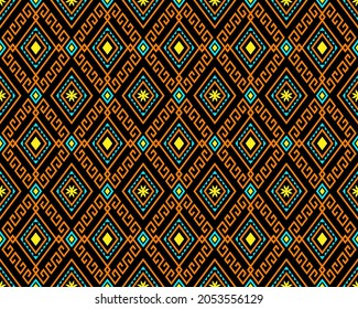 Orange Turquoise Tribe or Ethnic Seamless Pattern on Black Background in Symmetry Rhombus Geometric Bohemian Style for Clothing or Apparel,Embroidery,Fabric,Package Design