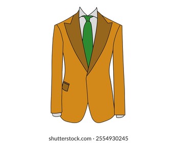 Orange tuxedo dress with green tie. Dress fashion theme for men for formal ceremony.	