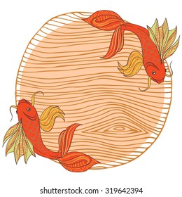 Orange two fish carp on line sketch circle