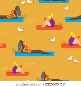 Orange Two Women at the beach seamless vector pattern. Women enjoying the beach, reading a book, summer vector pattern with sea gulls. Summertime goodvibes vector background.