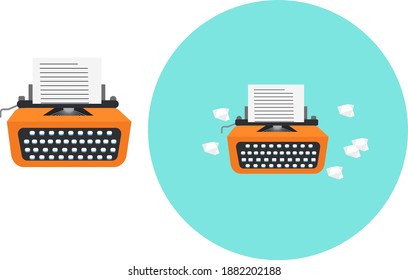 Orangefarbene Schreibmaschine, Illustration, Vektorgrafik auf weißem Hintergrund.