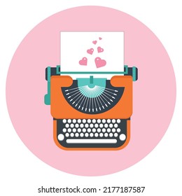 orange typewriter in retro style with hearts instead of text.