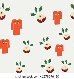 Orange ugly sweater with Christmas pudding seamless pattern. Festive knitted jumper endless design. Holiday decor, winter knitted woollen clothes. Colorful vector illustration in flat cartoon style.