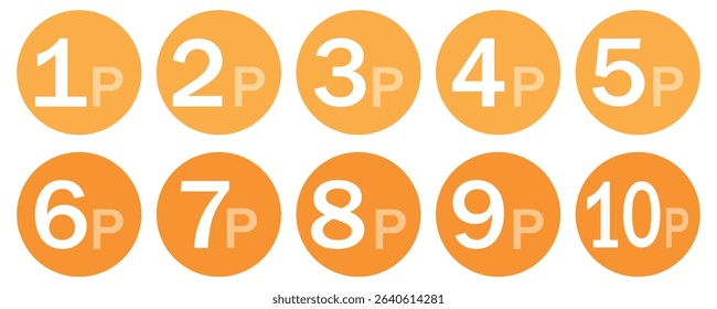 Orange UK Pence Coin Icons. 1p to 10p Vector Set in Circular Format.