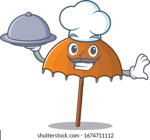 Orange umbrella as a chef cartoon character with food on tray