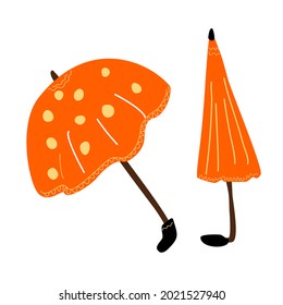 An orange umbrella in a folded and opened state. Isolated element on a white background.