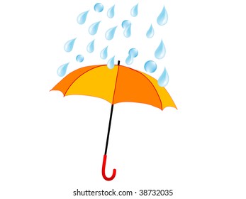 Orange umbrella in rain - vector illustration
