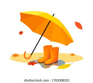 Orange umbrella and rubber boots on puddle after rain with autumn leaves. Vector flat illustrations. Autumn rainy day. Nice walk in rubber cute boots with orange umbrella.