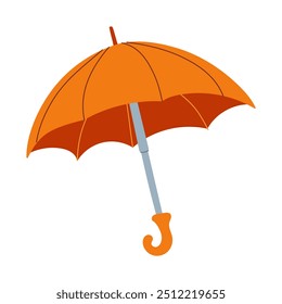 Ein orangefarbener Schirm mit silbernem Griff ist zu sehen. Der Regenschirm ist offen und einsatzbereit