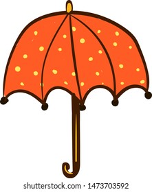 An orange umbrella with yellow spots, vector, color drawing or illustration.