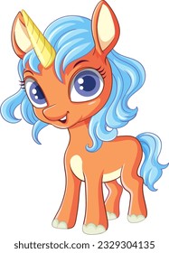 Orange Unicorn with Blue Mane Vector illustration