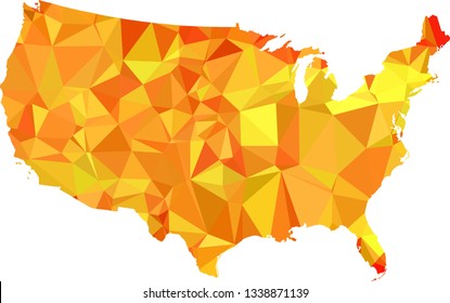 orange USA Map in Low Poly Style on isolated white background. United States of America area in Polygonal diamond style for your design.