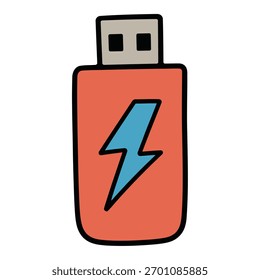 Unidad flash USB naranja con símbolo de rayo azul aislado