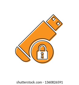 Orange USB flash drive with closed padlock icon isolated on white background. Security, safety, protection concept. Vector Illustration