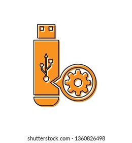 Orange USB flash drive and gear icon isolated on white background. Adjusting app, service concept, setting options, maintenance, repair, fixing. Vector Illustration