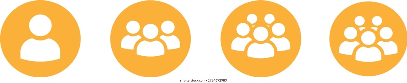 Conjunto de iconos de usuario naranja que representan perfiles individuales y grupales, identidad de equipo, avatares de redes sociales, miembros de la comunidad, símbolos de comunicación digital, aislados sobre fondo blanco
