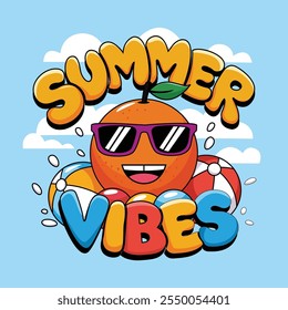 Una naranja usando gafas de sol con Ilustración vectorial temática de vibraciones de verano. Un diseño vibrante y llamativo de la impresión de las ilustraciones del Vector para la camiseta y otros