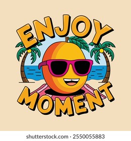 Una naranja usando gafas de sol con Ilustración vectorial temática de vibraciones de verano, disfrute del momento. Un diseño vibrante y llamativo de la impresión de las ilustraciones del Vector para la camiseta y otros
