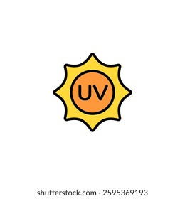 An orange uv symbol inside a bright yellow sun, indicating ultraviolet rays impact on skin exposure.