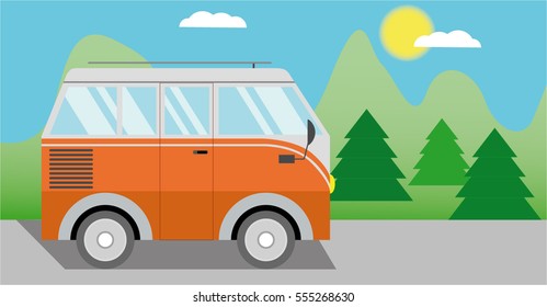Orange van in summer day with mountains and forest, vector illustration