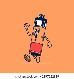 Orange vaping device store mascot walking. Retro vintage cartoon logo illustration.