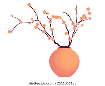 Orange Vase mit zarten Blütenzweigen flache Vektorgrafik lebendige Anordnung von Blumen in einer orangefarbenen Vase in einem minimalistischen flachen Vektordesign erfasst