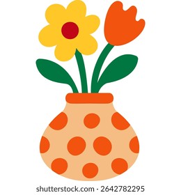 Orange vase with polka dots and colorful flowers. Decorative floral composition in flat cartoon style. Isolated. Stock vector illustration in flat cartoon style.
