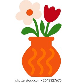 Orange vase with wavy pattern and red white flowers. Decorative floral bouquet in flat cartoon style. Isolated. Stock vector illustration in flat cartoon style.
