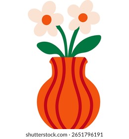 Orange vase with wavy pattern and white flowers. Decorative floral bouquet in flat style. 