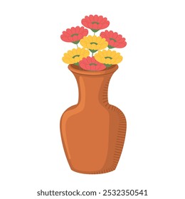 Jarrón naranja con flores amarillas y rojas para la decoración del hogar, Vector