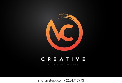 Orange VC Circular Letter Logo with Circle Brush Design and Black Background.