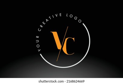 Orange VC Letter Logo Design with Creative Intersected and Cutted Serif Font.