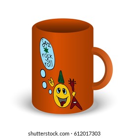 Orange vector 3D cup of tea or coffee mock up isolated on white background. rock'n'roll misician. Emoji smile with speech bubble print on cup. Baby funny dishes. Isometry view