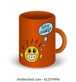Orange vector 3D cup of tea or coffee mock up isolated on white background. Cute merry fellow cup.Emoji smile with speech bubble print on cup. Baby funny dishes. Isometric view 