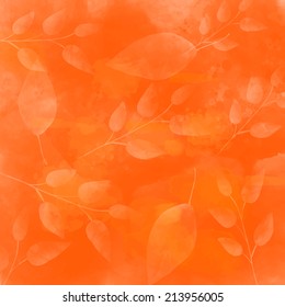 Orange vector autumn background with leaves pattern. Watercolor artistic vector texture.