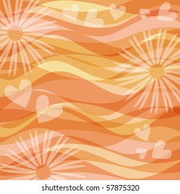 Orange vector background with hearts and flowers